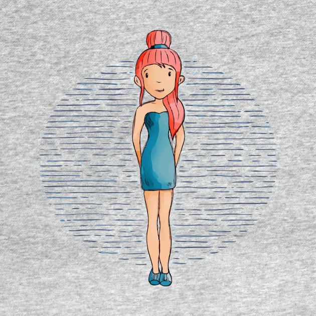 Cute girl with long red hair wearing a teal outfit and shoes. by Sissely